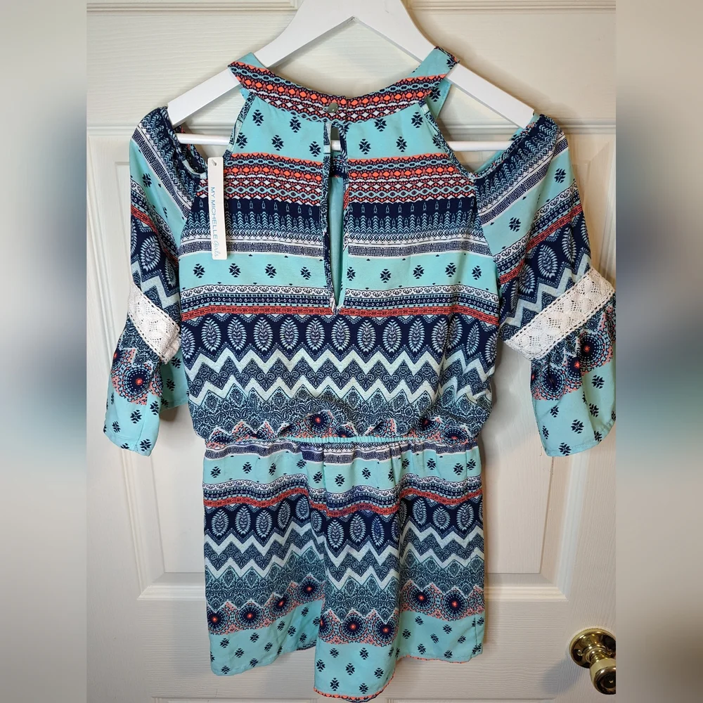 My Michelle girls blue multicolor romper open shoulders size large NWT